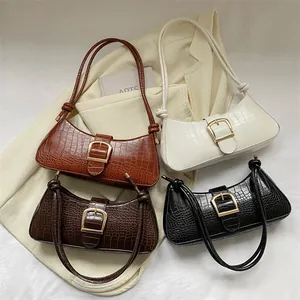 Vintage Crocodile Pattern Underarm Baguette Bag Women PU Leather Handbag With Gold Buckle Knotted Strap French Shoulder Bag