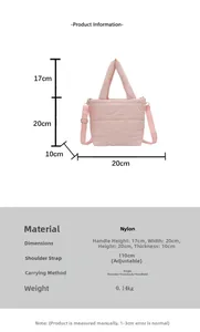 Infographic showing pink quilted shoulder bag dimensions and nylon material specifications
