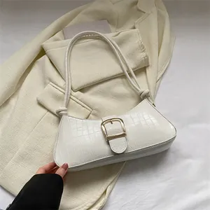 French style white crocodile pattern baguette bag with golden buckle and knot handle