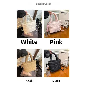Quilted tote bags shown in white, pink, khaki and black with detachable straps