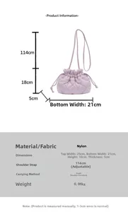 Detail view of purple nylon quilted drawstring bucket bag with adjustable strap and size specs