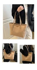 Detailed views of a khaki suede tote bag showing texture and adjustable shoulder straps