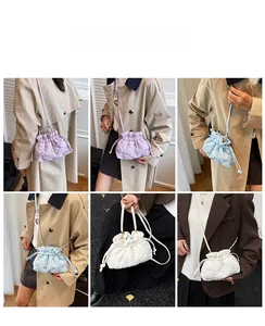 Collage of quilted puff crossbody bags in lavender, blue, and beige shown on models