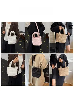 Quilted crossbody bag shown in various colors being worn by a model in lifestyle scenes