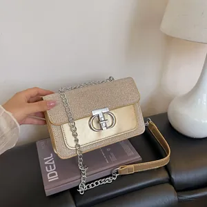 Women Sequin Chain Shoulder Bag Glitter Square Crossbody Bag Metal Buckle Party Banquet Evening Handbag Fashion Purse