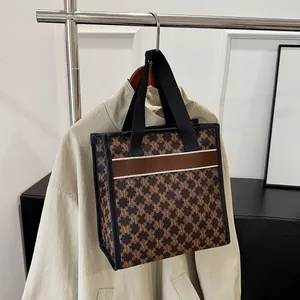 Women Large Capacity Monogram Letter Print Tote Bag Fashion PU Leather Handbag Geometric Pattern Shoulder Daily Commuter Bag