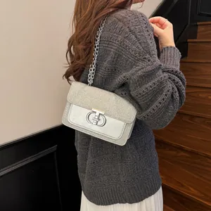 Silver sequin crossbody chain bag for women with elegant metallic ring lock detail
