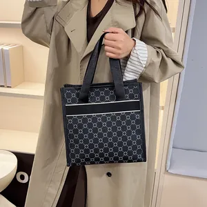 Large capacity black tote bag with white floral pattern and wide woven handles for women