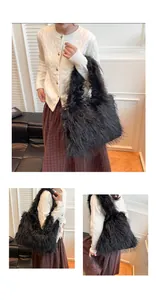 Close-up of fluffy black faux fur texture on this large capacity shoulder tote bag