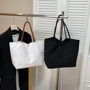 Bolsos tote de lona minimalistas para mujer, gran capacidad con asas de cuero premium