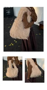 Detailed plush texture and tassel design of this beige faux fur hobo tote bag