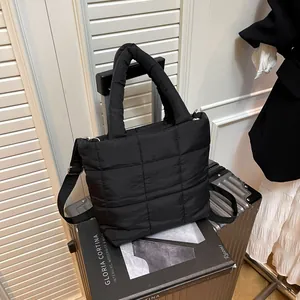 Women Casual Quilted Puffer Shoulder Bag Grid Pattern Large Capacity Lightweight Nylon Crossbody Handbag Korean Fashion Tote Bag
