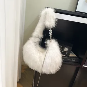 Women's Faux Fur Plush Hobo Bag Heart Chain Dumpling Shoulder Bag Crossbody Handbag Autumn Winter Casual Fashion Purse