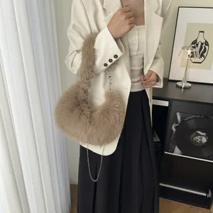 Chic khaki faux fur shoulder bag with chain strap and heart charm for autumn winter style