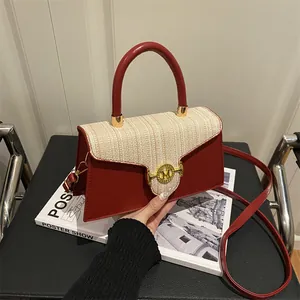 Borsa a Tracolla da Donna Vintage Stile Neo-Cinese Patchwork Tweed Pelle PU Fibbia M in Metallo Oro Borsa a Mano