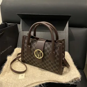 Women Monogram M Pattern PU Leather Tote Bag Golden Buckle Shoulder Crossbody Bag Retro Large Capacity Satchel