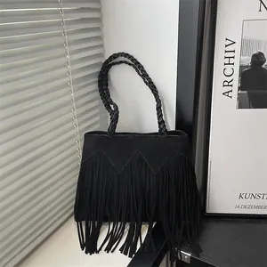 Women Bohemian Vintage Frosted Synthetic Leather Tote Bag With Woven Handle Long Tassels Large Capacity Shoulder Bag Casual Daily Bag
