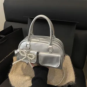 Women Vintage PU Leather Top Handle Bag Artificial Pearl Bow Pendant Double Pockets Crossbody Bag Fashion Boston Purse