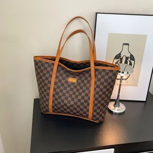 Women Large Capacity Fashion Print Tote Bag PU Leather Monogram Checkerboard Shoulder Bag For Daily Commute Versatile Handbag