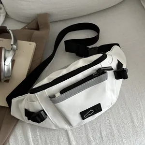 White nylon sling bag with reflective strips and adjustable black strap for outdoor sports