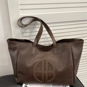 Women Large Capacity PU Leather Tote Bag Urban Commuter Shoulder Bag With Embossed Letter Logo Zipper Closure Casual Handbag