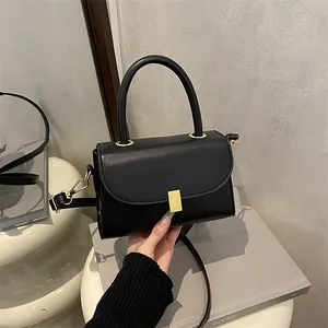 Women Vintage PU Leather Small Square Bag With Gold Metal Buckle Top Handle Fashion Shoulder Bag Crossbody Handbag Daily