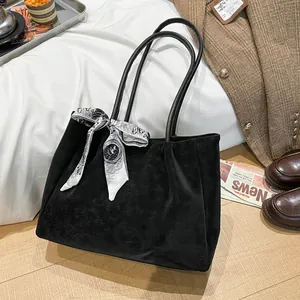 Women Large Capacity Faux Suede Tote Bag With Decorative Scarf Minimalist Urban Shoulder Handbag For Office Commuter Daily