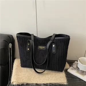 Women Corduroy Tote Bag Large Capacity Striped Shoulder Bag Retro Casual Handbag With Faux Leather Handle And Rivet Decoration