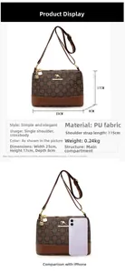 Detailed size guide of brown vintage printed crossbody bucket bag with iPhone comparison
