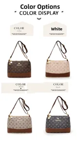 Detail view of stylish vintage printed crossbody bucket bags in four classic colors