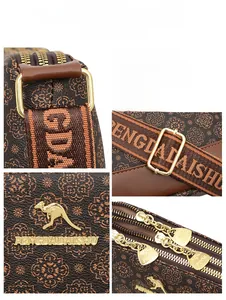 Detailed views of the retro print crossbody bag showing golden zippers and metal logo