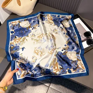 70cm elegant floral satin square scarf with deep blue border and silky texture finish