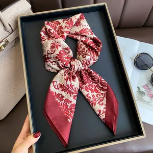 Elegant silk-like square scarf with red baroque floral print and smooth satin texture