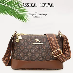 Women Vintage Print Crossbody Bag PU Leather Patchwork Wide Strap Shoulder Bag Retro Kangaroo Logo Satchel Fashion Handbag