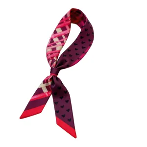 Polished slim silk-like Twilly scarf with heart patterns and geometric print for handbags