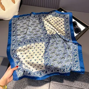 70cm navy and beige paisley silk-like square scarf with palm leaf patterns and satin border
