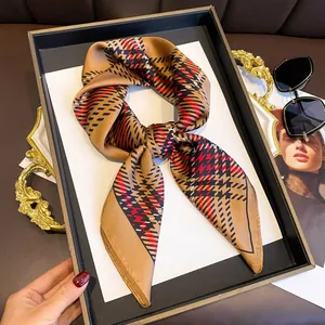 Classic green and brown plaid square silk scarf for women in a luxury aesthetic setup