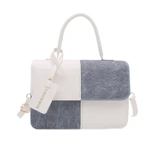 Fashion patchwork crossbody handbag with gray denim texture and adjustable strap