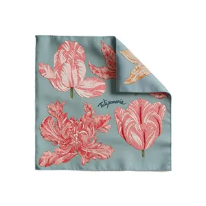 Light blue silk square scarf with colorful tulip embroidery and Tulipomanie text detail
