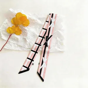 Pink bow tie scarf for women with white grid patterns and elegant black edges for handbags