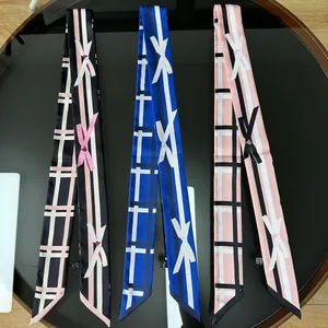 Pink and blue striped bow-patterned skinny scarves for hair and bag accessories