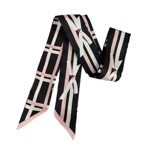 Pink and black bow design silk twilly scarf with geometric pattern for hair and bags