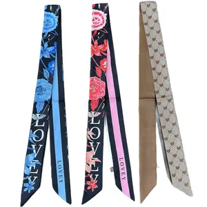 Set di foulard lunghi in seta stile francese con stampa floreale blu per borse e capelli