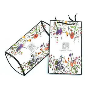 Floral gift box and paper bag set for scarves featuring vintage botanical illustrations