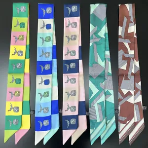 Dames Satijn Twilly Sjaal Elegant Smalle Stropdas Mode Geometrisch Ketting Print Zijdeachtig Lint Voor Tas Handvat Haar