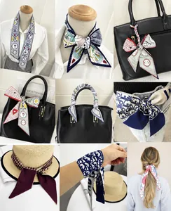 Collage of printed twilly scarves showing usage on handbags, neck, hair and wrist accessories