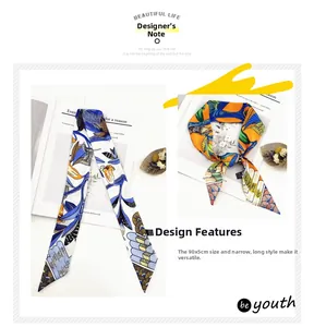 Vue détaillée de foulards étroits en satin 90x5cm à motifs pour cheveux, sacs ou cou