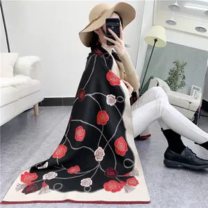 Écharpe Femme Élégante Motif Floral Rose Imitation Cachemire Large Châle Chaud Hiver Enveloppement Avec Glands Femme