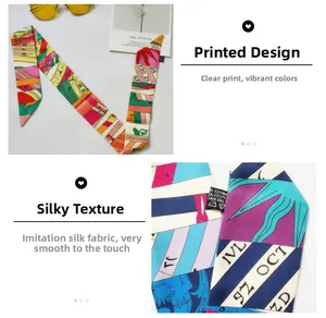 Detail of silk-like twilly scarf with vibrant geometric prints and smooth finish