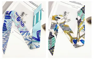 Gros plan détaillé de foulards twilly en satin à motifs géométriques bleus et imprimés floraux